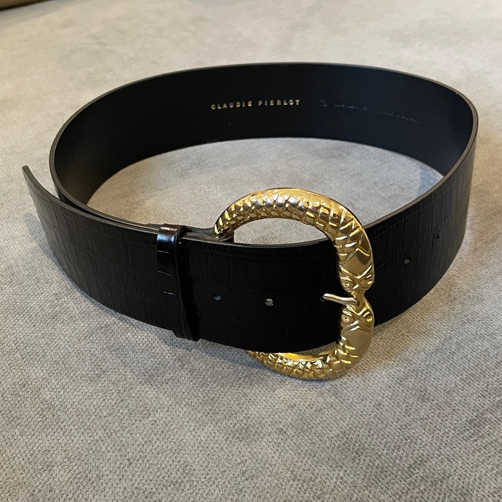 Claudie Pierlot Black Leather Belt With Gold Snake Detail Buckle T2